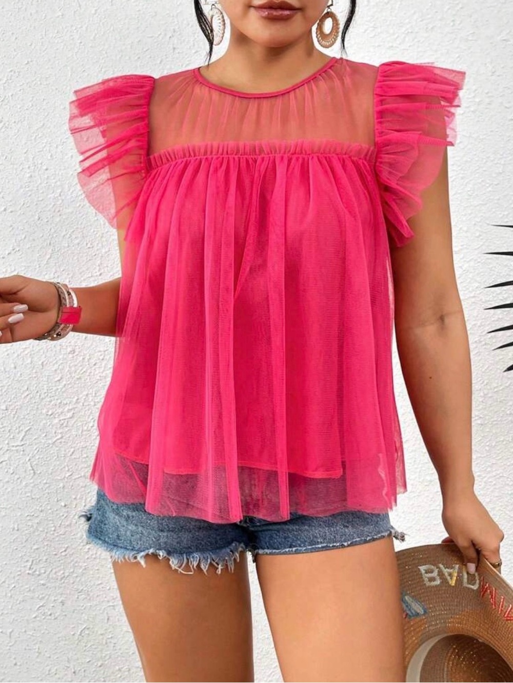 SHEIN Hot Pink Ruffle Mesh Blouse